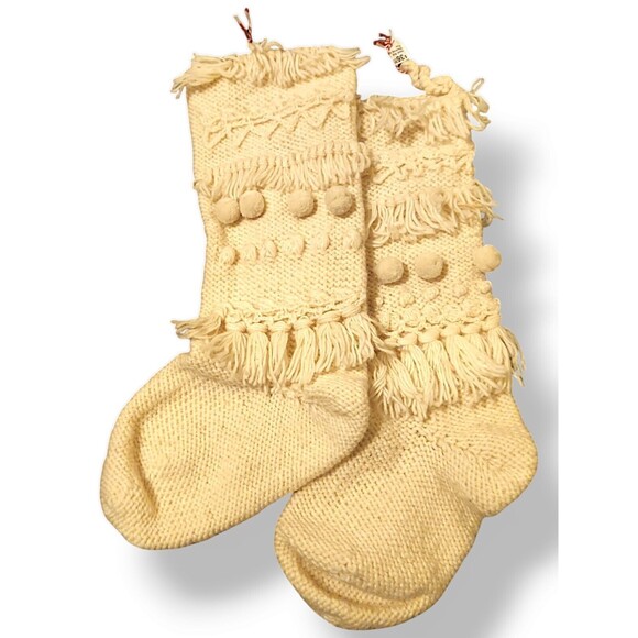 Chunky Knit Wool Christmas Stocking Ivory Bobbles & Tassels Crochet Handmade - Picture 1 of 3